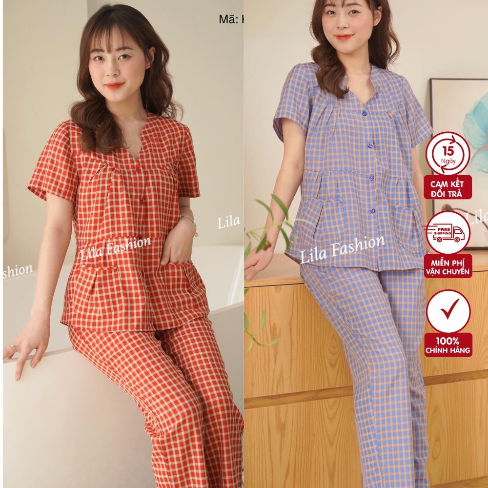 Bộ đồ mặc nhà LILA kẻ caro nữ cổ V tay cọc,quần dài chất thô mềm -K703