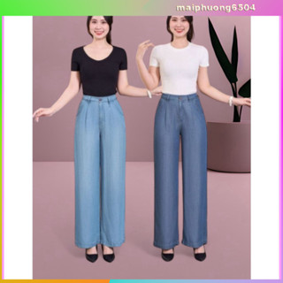 Quần Jean Nữ Lưng Thun Kết Hợp Dây Khoá Kéo Có Nút - Quần Bò Nữ Dáng Dài Ống Rộng Vải Jean Giấy Lụa Cao Cấp