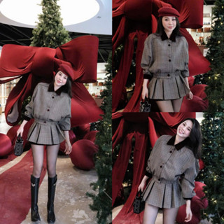 [Freeship] Set Caro Viền Cổ Nhung Ánh Nhũ, Mix Chân Váy Xếp Ly Hàng QCCC