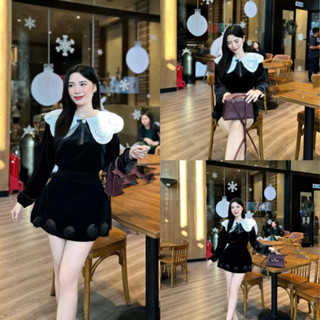 [Freeship] Set Áo Nhung Cổ Sen Đính Hoa Trà, Mix Chân Váy Dáng A Đính Hoa Nổi Hàng QCCC