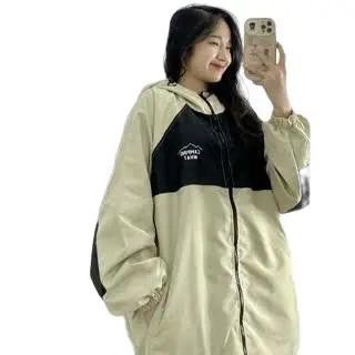 Áo khoác dù phối màu trắng đen logo in ngực dây kéo có nón chất Nữ Jacket Nữ Jacket Women Top Kem Nh