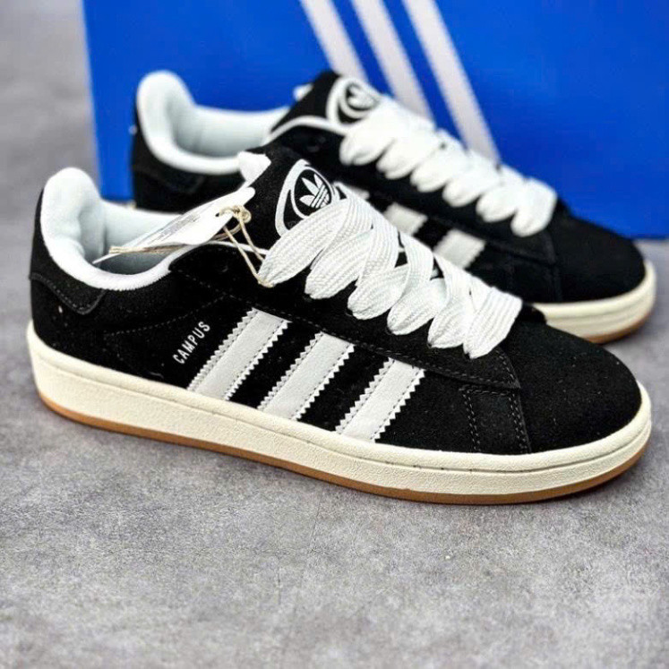 Giày Adidas campus black white gum, giày thể thao 3 sọc campus nỉ da lộn bản chuẩn dây to ful box