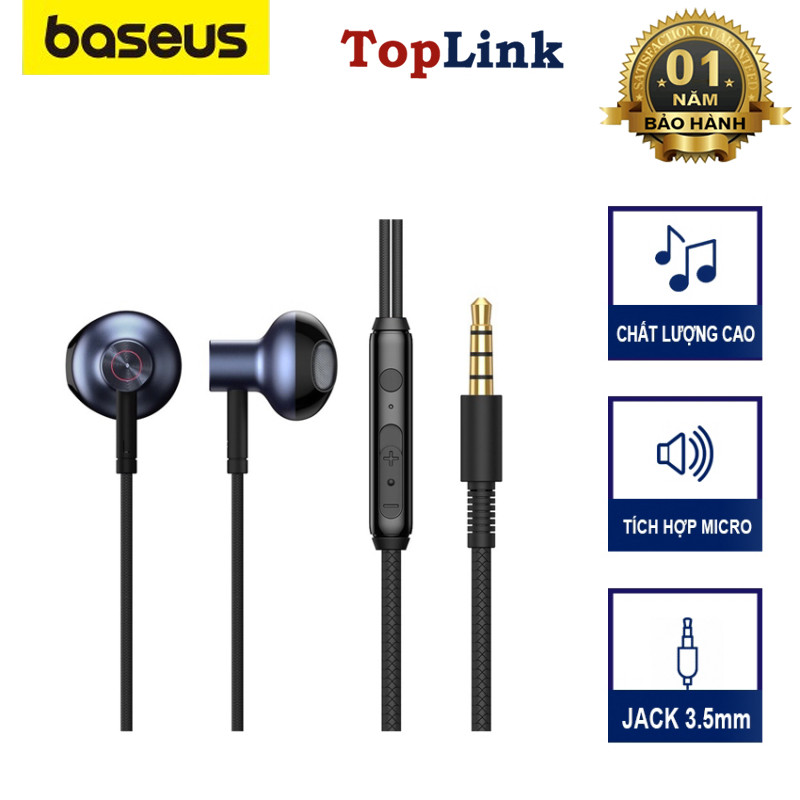 Tai Nghe Nhét Tai Có Dây Có Mic Đàm Thoại Baseus H19 Jack Cắm 3.5mm Cách Âm Chống Ồn Âm Thanh Nổi 6D Hifi - TopLink