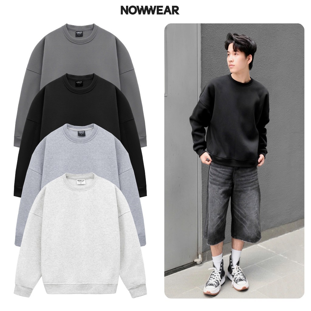 Áo Sweater Nỉ Bông Trơn Nowwear Tay Phồng Form Boxy Dày Dặn Nam Nữ Unisex | BigBuy360 - bigbuy360.vn