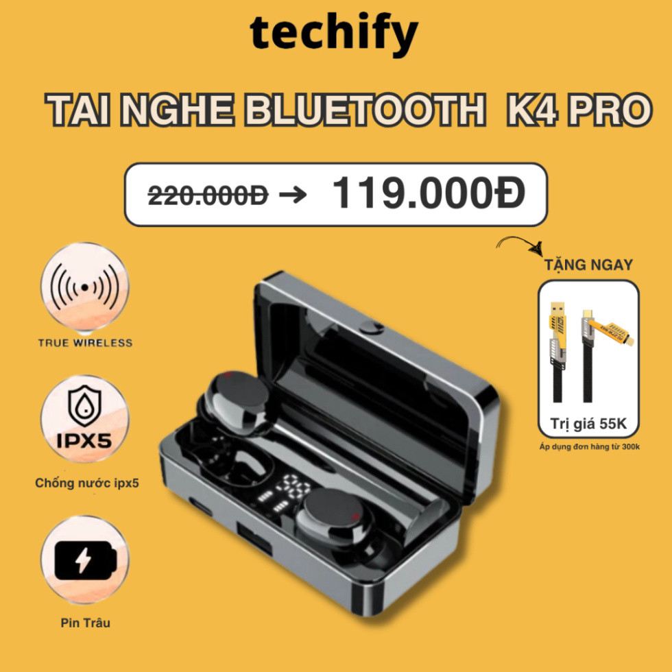 Tai nghe bluetooth 5.3 K4 Pro cảm ứng, hỗ trợ đàm thoại, nghe nhạc, kiêm sạc dự phòng. cổng sạc type