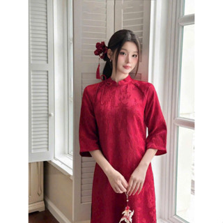 Set áo dài cách tân gấm cao cấp quần lụa suông dài 45-80KG bigsize nút bọc nơ tay lỡ cổ tàu mặc tết noel GIAI_Y
