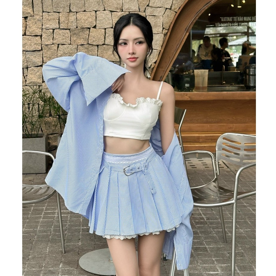 H2STORE - SET ÁO SƠ MI PHỐI CHÂN VÁY TRẺ TRUNG (KÈM ÁO DÂY) - K05717