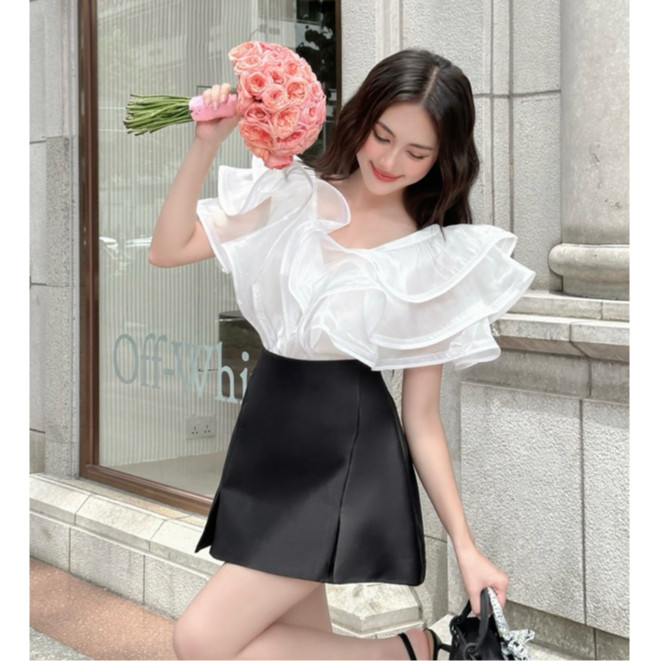 H2STORE - SET ÁO VOAN BÈO CỔ V PHỐI CHÂN VÁY CHỮ A - J05073