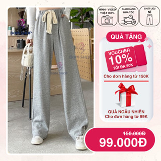 Quần Dài Ống Rộng Nỉ Bom House Quần Dài Ống Suông Cạp Chun Lưng Cao Dây Rút Chỉnh Eo Trendy