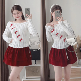  Set Áo Váy Áo Len Lông Trễ Vai Kèm Chân Váy Nhung 2 Tầng Thanh Lịch 