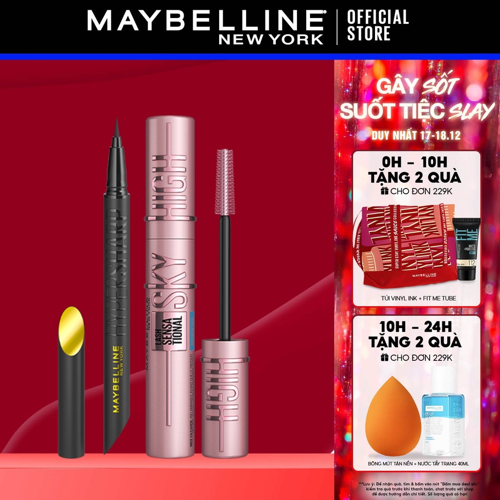 [Bộ Trang Điểm Mắt] Mascara Sky High Tơi Dài Mi Waterproof Và Bút Kẻ Mắt Nước Siêu Sắc Mảnh Maybelline New York