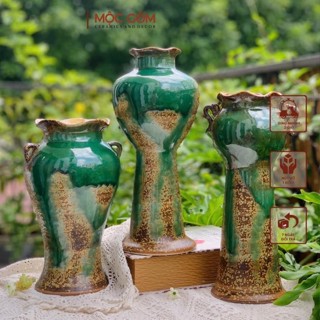 Bình hoa, lọ hoa gốm sứ Bát Tràng men xanh núi cao cấp đắp quai decor cắm hoa sen hoa ly tuyết mai