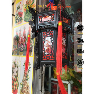Đèn lồng nhựa giả gỗ lục giác 6 cạnh in hoa văn đèn lồng trang trí decor ngày lễ tết nhà mới (sỉ,lẻ) | KIM NGÂN