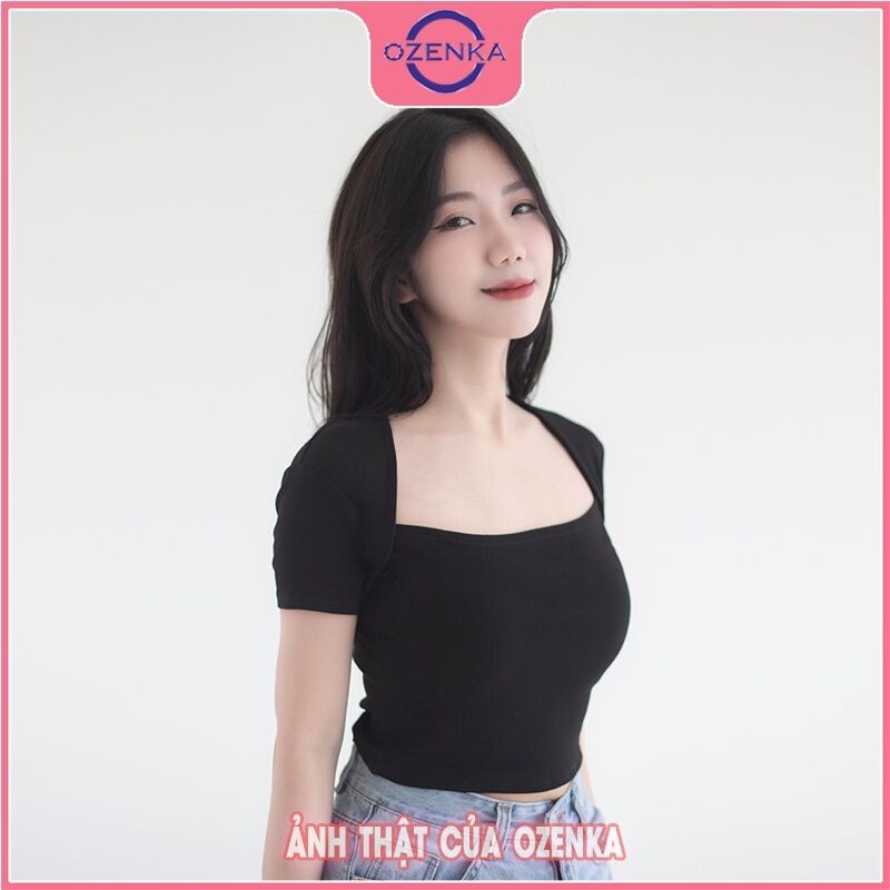 Áo croptop cổ vuông ôm tay ngắn nữ, áo thun crt ngắn màu đen trắng đẹp mặc hè
