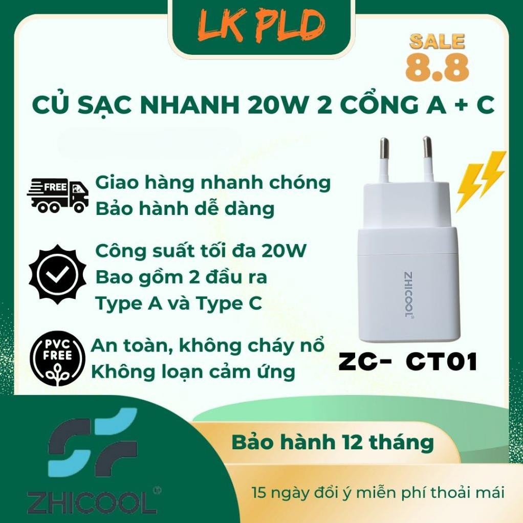 Củ sạc nhanh 20W và 30W Zhicool USB-A  + Type C cho nhiều dòng máy Smartphone samsung xiaomi oppo