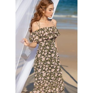 Đầm trễ vaiRECHIC hoa dáng dài Helly màu đen