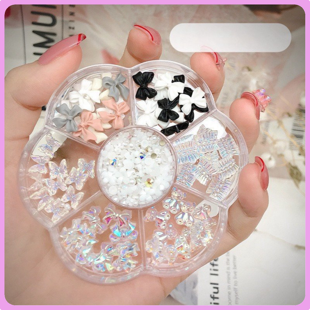 Charm nail, charm nơ khay hoa mix 7 ô đủ màu