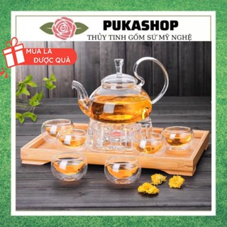 Bộ Ấm Chén Uống Trà Puka Ấm Thủy Tinh Chịu Nhiệt Trong Suốt Quai Vổng 6 Ly Tròn 2 lớp Cách Nhiệt Kèm Khay và Bếp Nến BAT