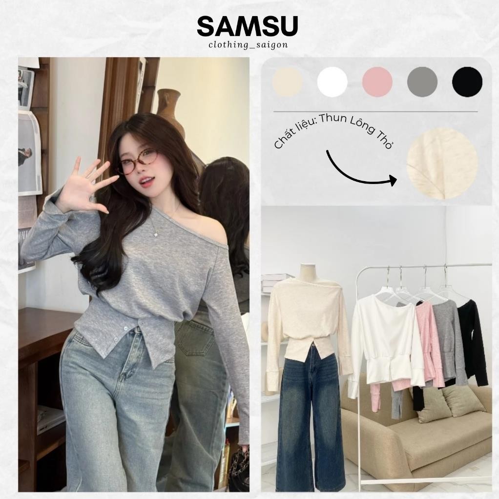 Len Lệch Vai Dài Tay Bo Gấu Xẻ Cách Điệu Nữ Tính Thu Đông, Áo Kiểu Nữ Trễ Vai 29feb.closet