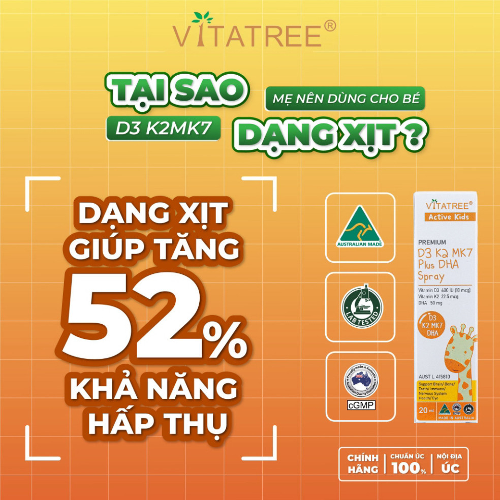 D3K2 dạng xịt Vitatree Premium D3K2MK7 Plus DHA 20ml bổ sung D3K2 và DHA giúp bé phát triển não bộ v