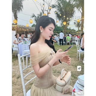 Váy dáng dài đính đá váy trễ vai váy nữ dự tiệc cưới váy nâu lưới liền siêu xinh HN DESIGN