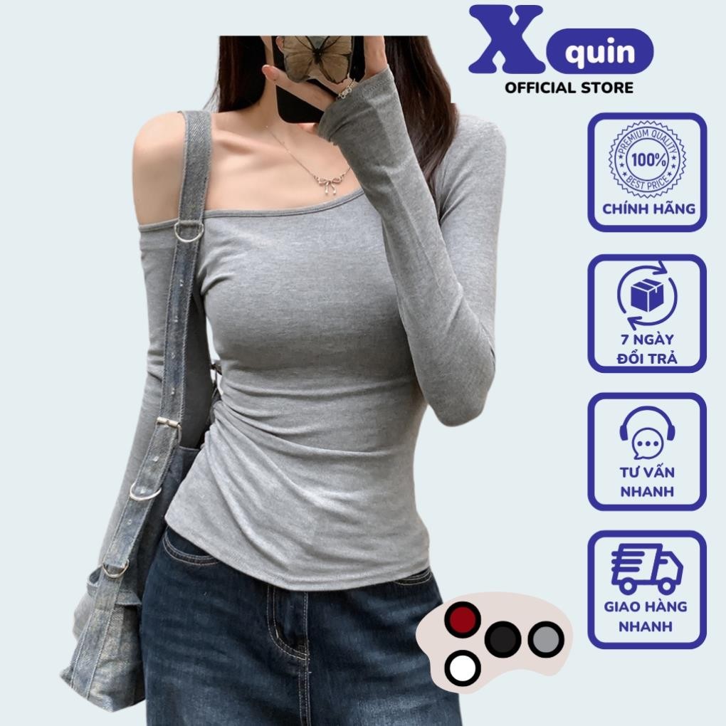 Áo lệch vai kiểu tay dài dáng ôm body LOMON, Áo thun nữ trễ vai 1 bên cổ lệch chất thun lụa phong cá