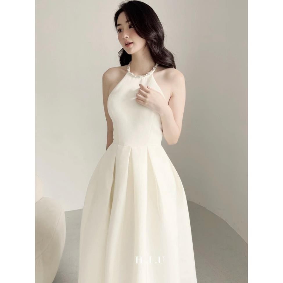 Váy dáng dài váy cổ yếm váy nữ dự tiệc cưới váy tiểu thư cổ đính đá cao cấp MIN DESIGN