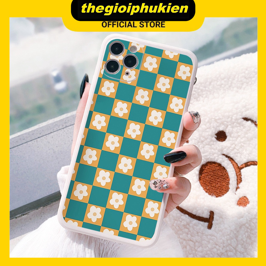 Ốp lưng iphone cạnh vuông Hoa caro dành cho iphone 6 đến 16promax - E179