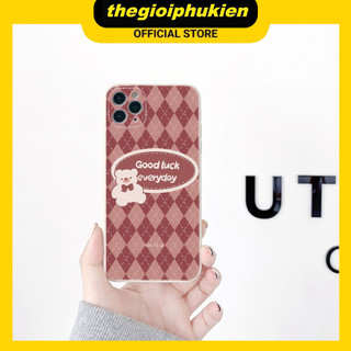 Ốp lưng iphone cạnh vuông Caro hồng gấu good luck dành cho iphone 6 đến 16promax - E200
