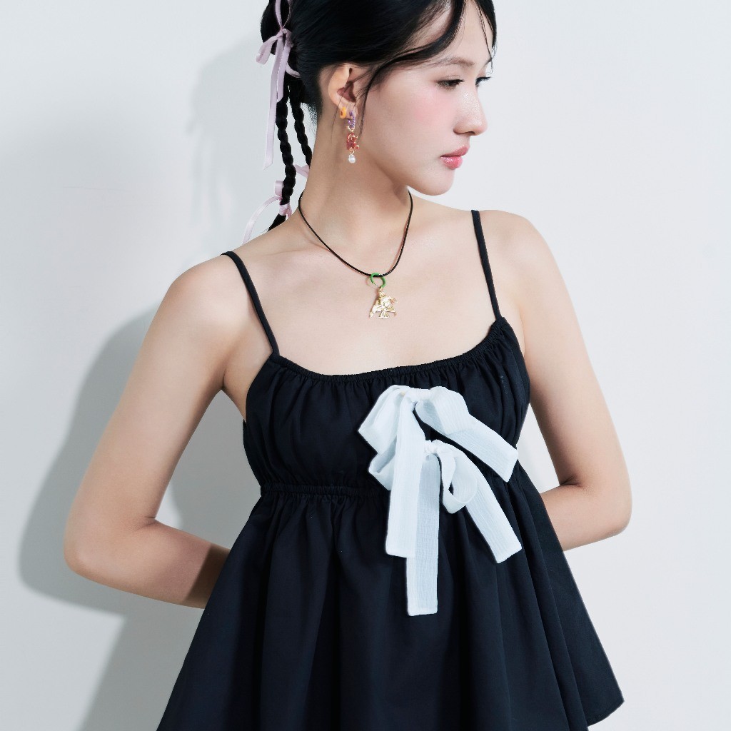 DOTTIE - Áo kiểu 2 dây phối nơ - Đen - T0941