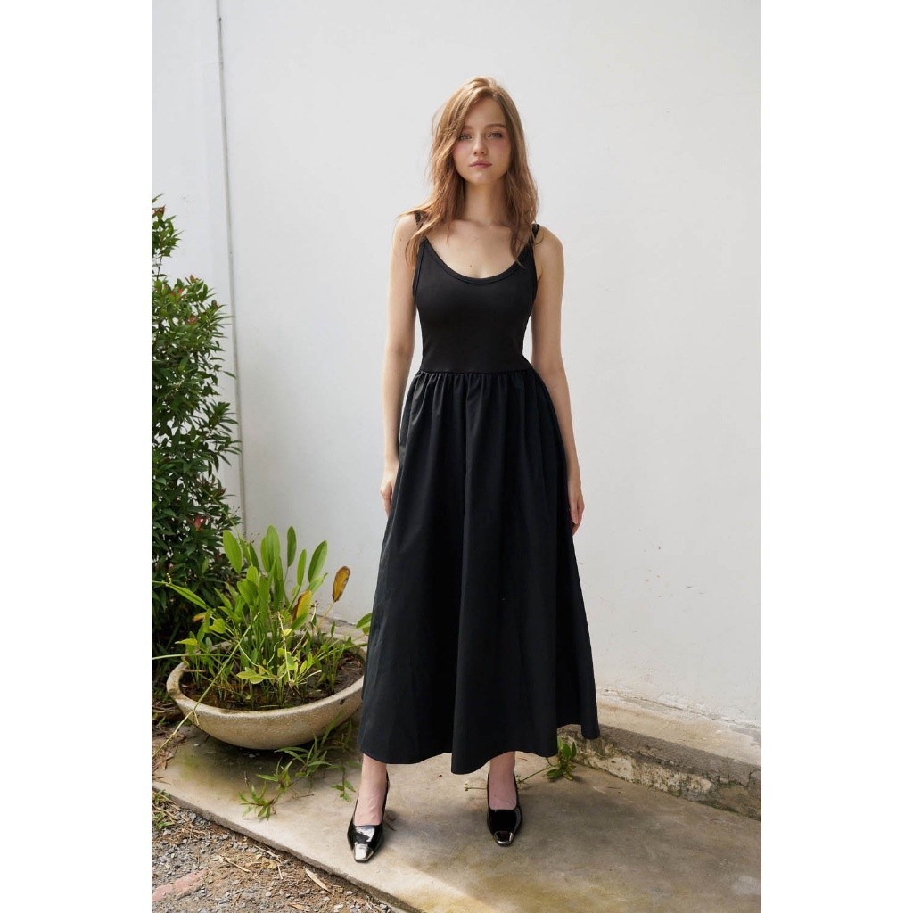 DOTTIE - Đầm dài sát nách phối vải - Đen - D0507