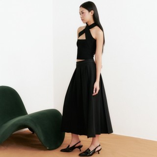 DOTTIE - Chân váy midi dập ly - Đen - S0197