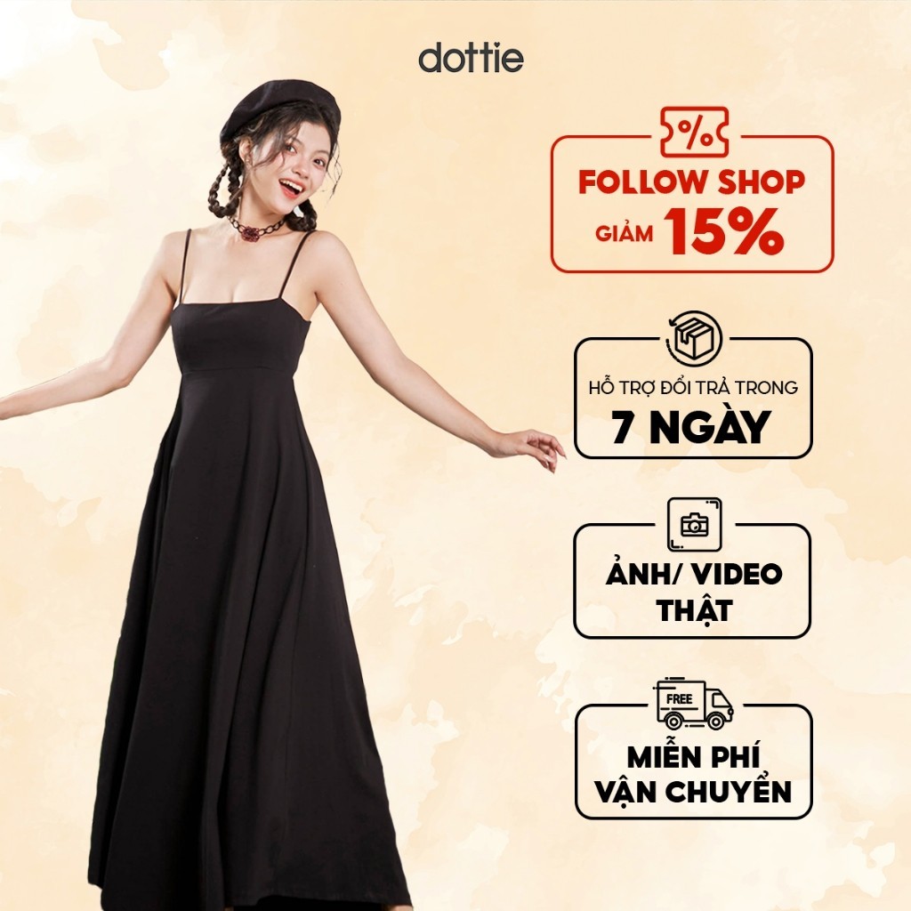 DOTTIE - Đầm thun midi bất đối xứng - Đen - D0536