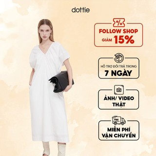 DOTTIE - Đầm dài cổ V rút nhún - Trắng - D0522
