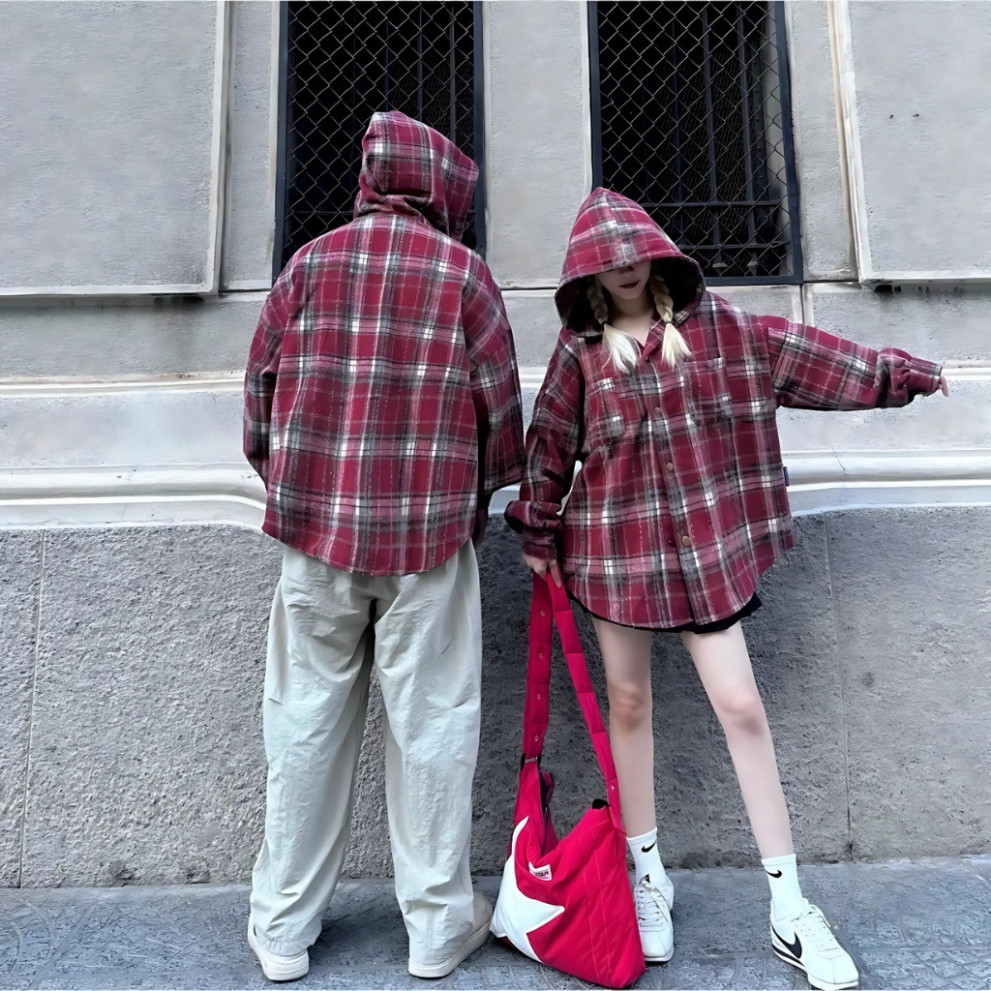 Áo khoác chống nắng nam nữ Flannel Form rộng chất vải dạ cotton kẻ caro dày dặn- DOKYJI