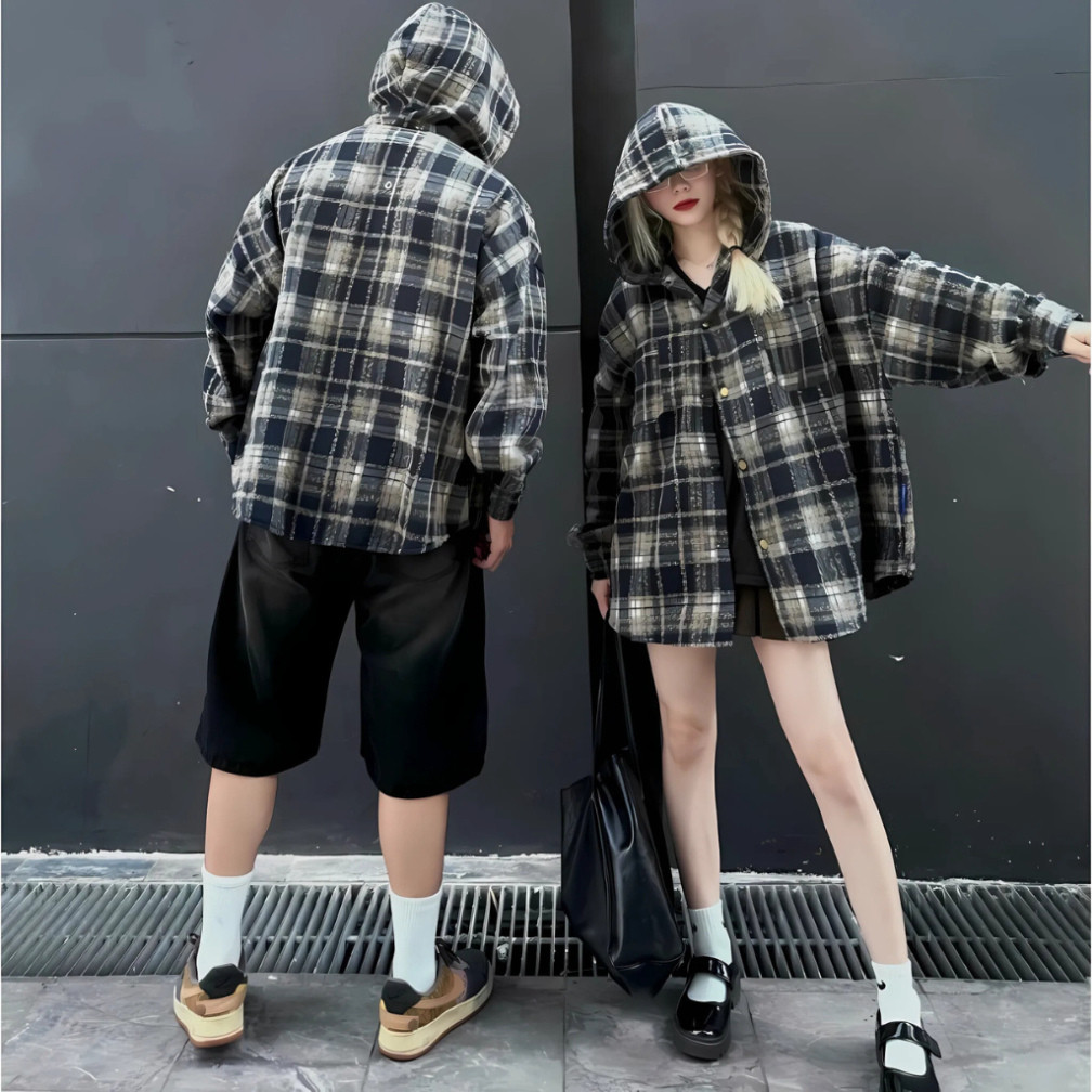 Áo khoác chống nắng nam nữ Flannel Form rộng chất vải dạ cotton kẻ caro dày dặn- DOKYJI