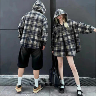 Áo khoác chống nắng nam nữ Flannel Form rộng chất vải dạ cotton kẻ caro dày dặn- DOKYJI