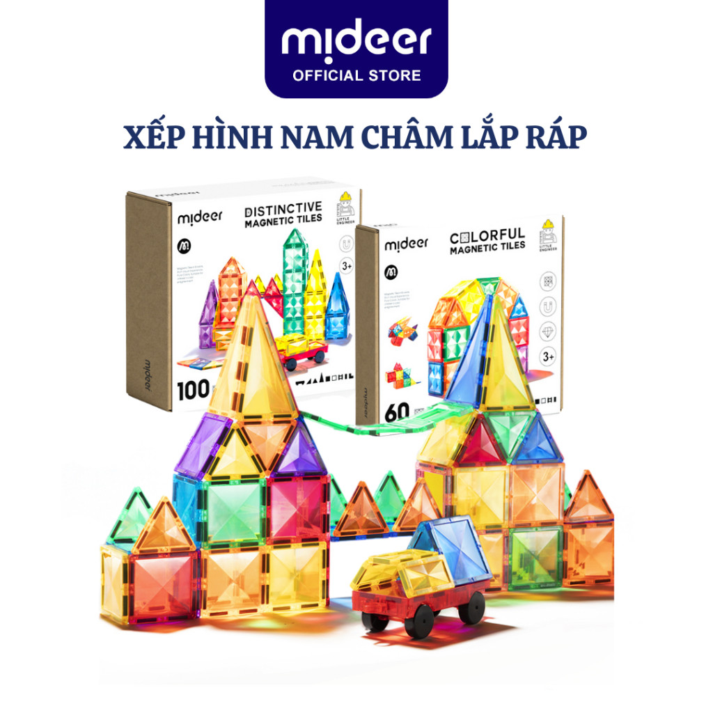  Xếp Hình Nam Châm lắp ráp Mideer Colorful Magnetic Tiles ghép hình nam châm ánh sáng 