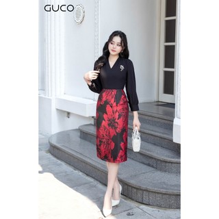 Đầm Phối Áo Tay Dài Tùng Gấm Hoa - Đỏ D10037