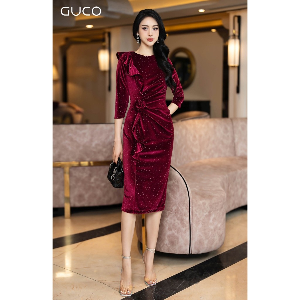Đầm nhung kết hoa dự tiệc - Đỏ D10041