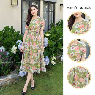 ĐẦM HOA TÙNG XẾP LY KẾT BÔNG - XANH 4090