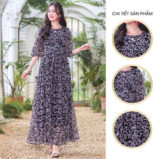 Đầm maxi hoa nhí nền đen cổ tròn tay lỡ 4032
