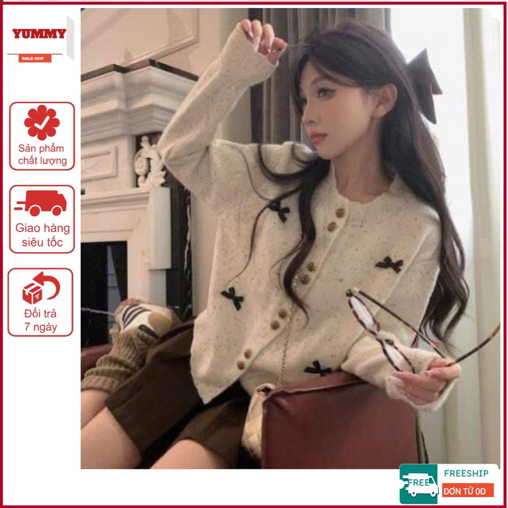 Áo cardigan cách điệu xám tiêu Yummy đính nơ, Áo cardigan dáng ngắn phong cách ngọt ngào tiểu thư | BigBuy360 - bigbuy360.vn