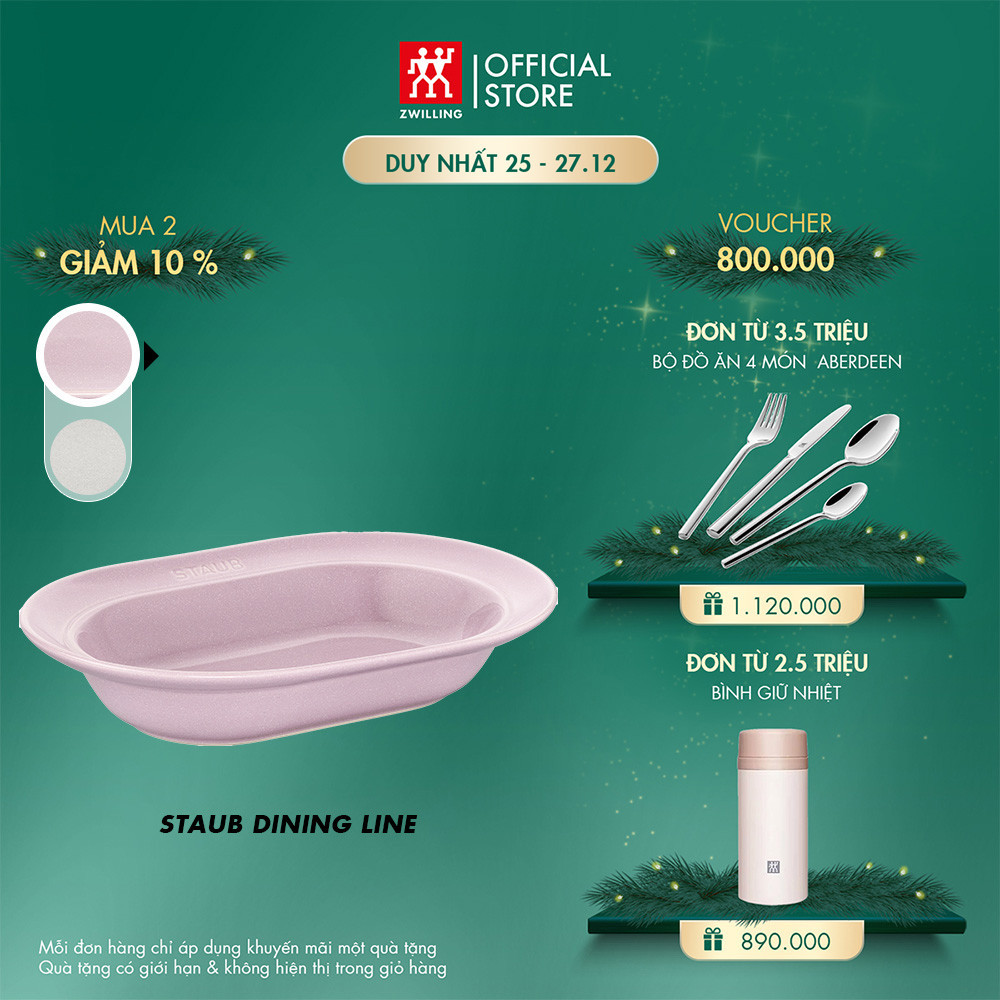 Đĩa gốm sứ oval cao cấp STAUB 25cm (màu trắng truffle/Hoa anh đào)