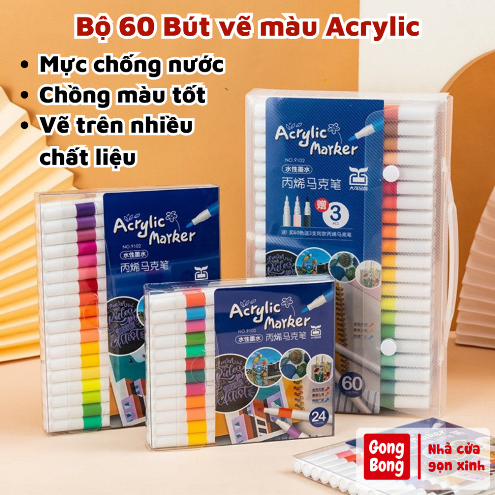 Bộ 24/60 Bút Màu Acrylic Marker Chống Nước Vẽ Trên Mọi Chất Liệu.