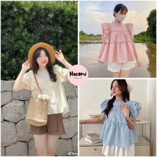  Áo babydoll cánh tiên tay bèo màu pastel Áo Sơ Mi Nữ Kiểu Babydoll Cổ Bèo Đũi Gân Có Tay Bồng 