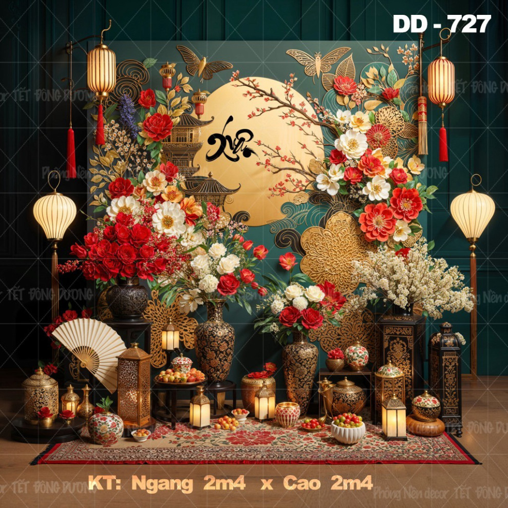 Phông nền chụp ảnh Tết 2025, Bạt trang trí tết, thông báo lịch nghỉ tết 2025, chất liệu lụa kim tuyế