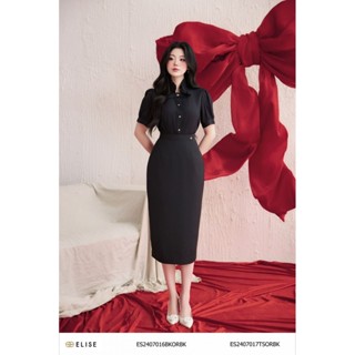 Chân váy tơ nhăn đen cạp đính thanh Elise thiết kế Elise ES2407016BKORBK