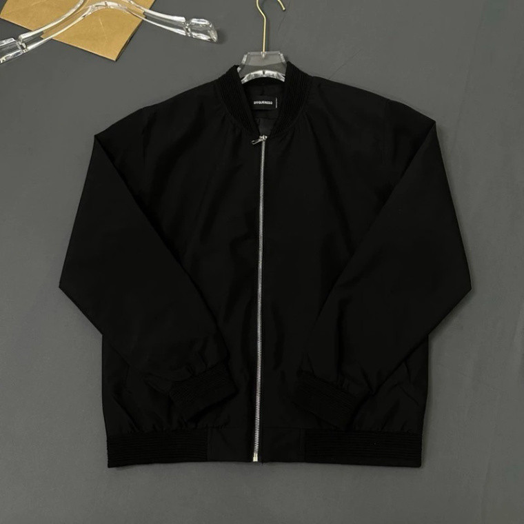 Áo khoác bomber gió nam nữ DSQ đen thân trơn khoá zip bạc ống bo sọc gân lót 2 lớp đơn giản basic, D