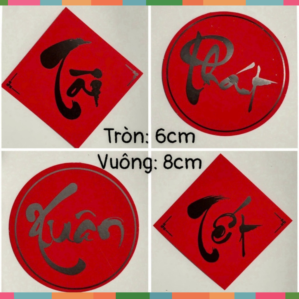 Tem Chữ Tết, Xuân, Phúc, Lộc, Thọ Trang Trí Hình Tròn , Vuông Trang Trí Tết